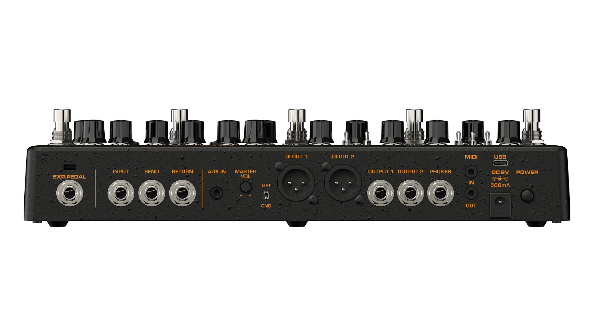 FX pedal rear panel with multiple input/output jacks, knobs, XLR and 1/4" connections, USB, MIDI, power input, and control labels in orange text.