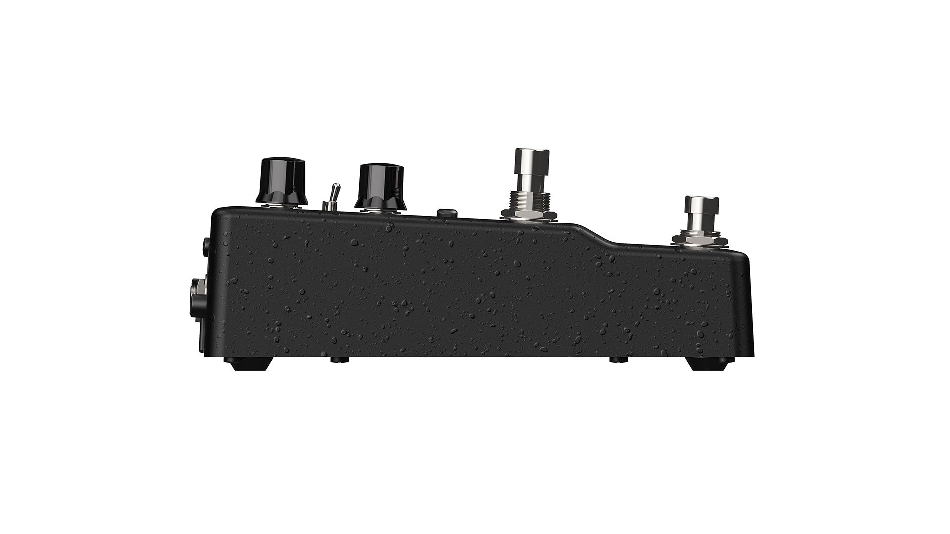 Black FX pedal shown from the side, with two control knobs, a small toggle switch, and two footswitches on top; textured surface with water droplets.