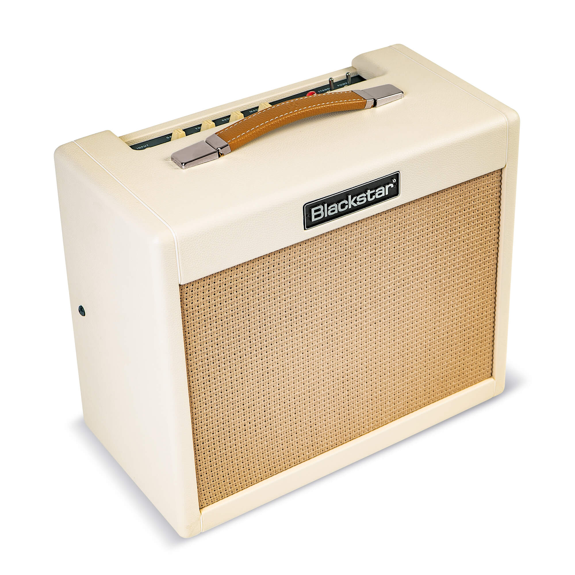 Cream-colored Blackstar amplifier with a tan woven speaker grill, brown leather handle on top, and control knobs along the top panel.