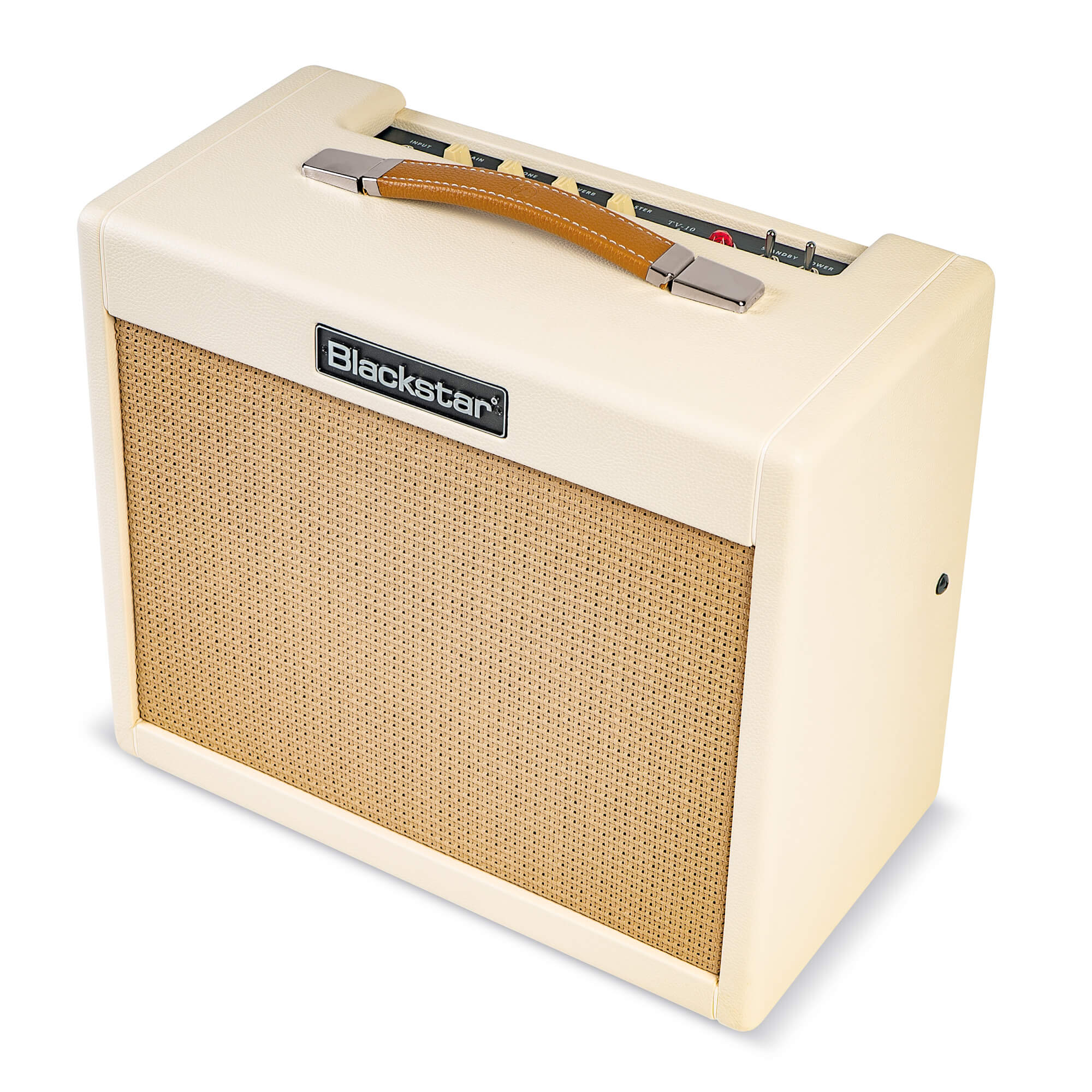 Cream-colored Blackstar amplifier with a woven tan front grille, leather handle on top, and control knobs along the upper rear edge.