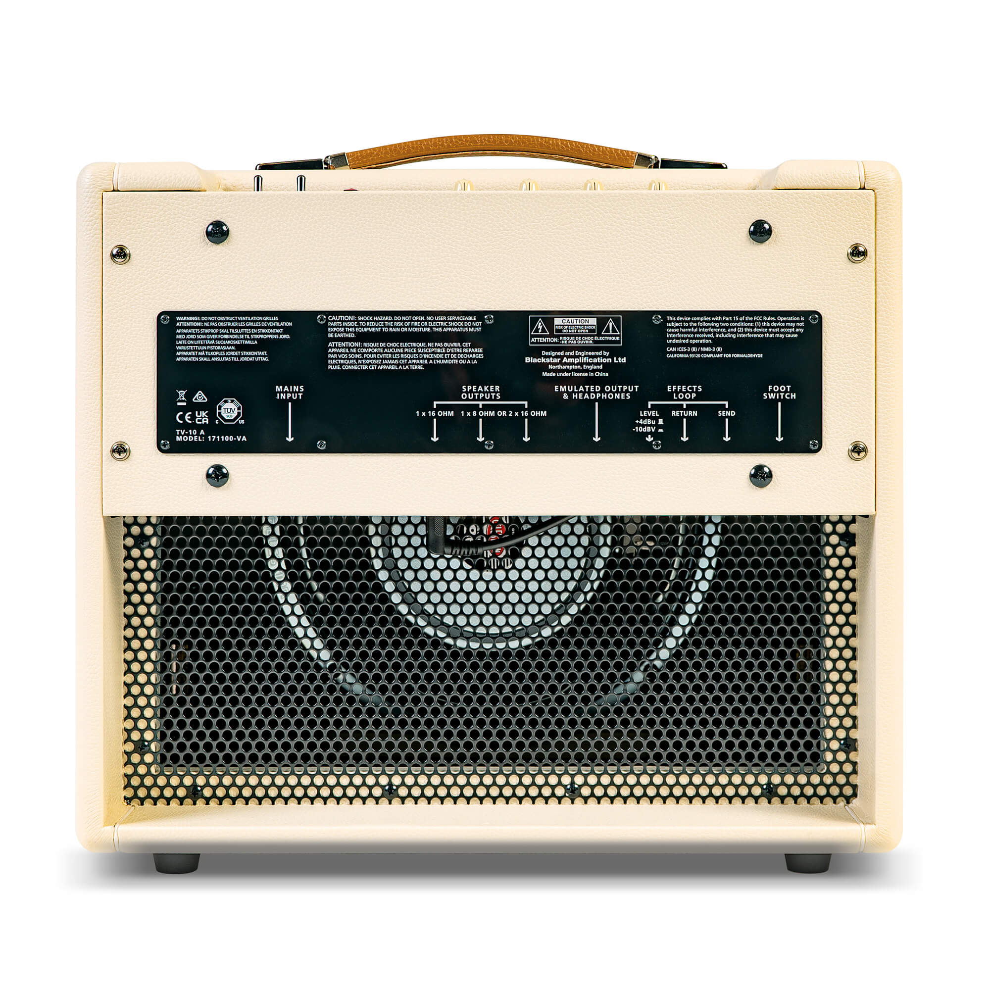 Cream-colored amplifier rear view with control panel, labeled ports, black mesh covering the speaker, and a brown handle on top.