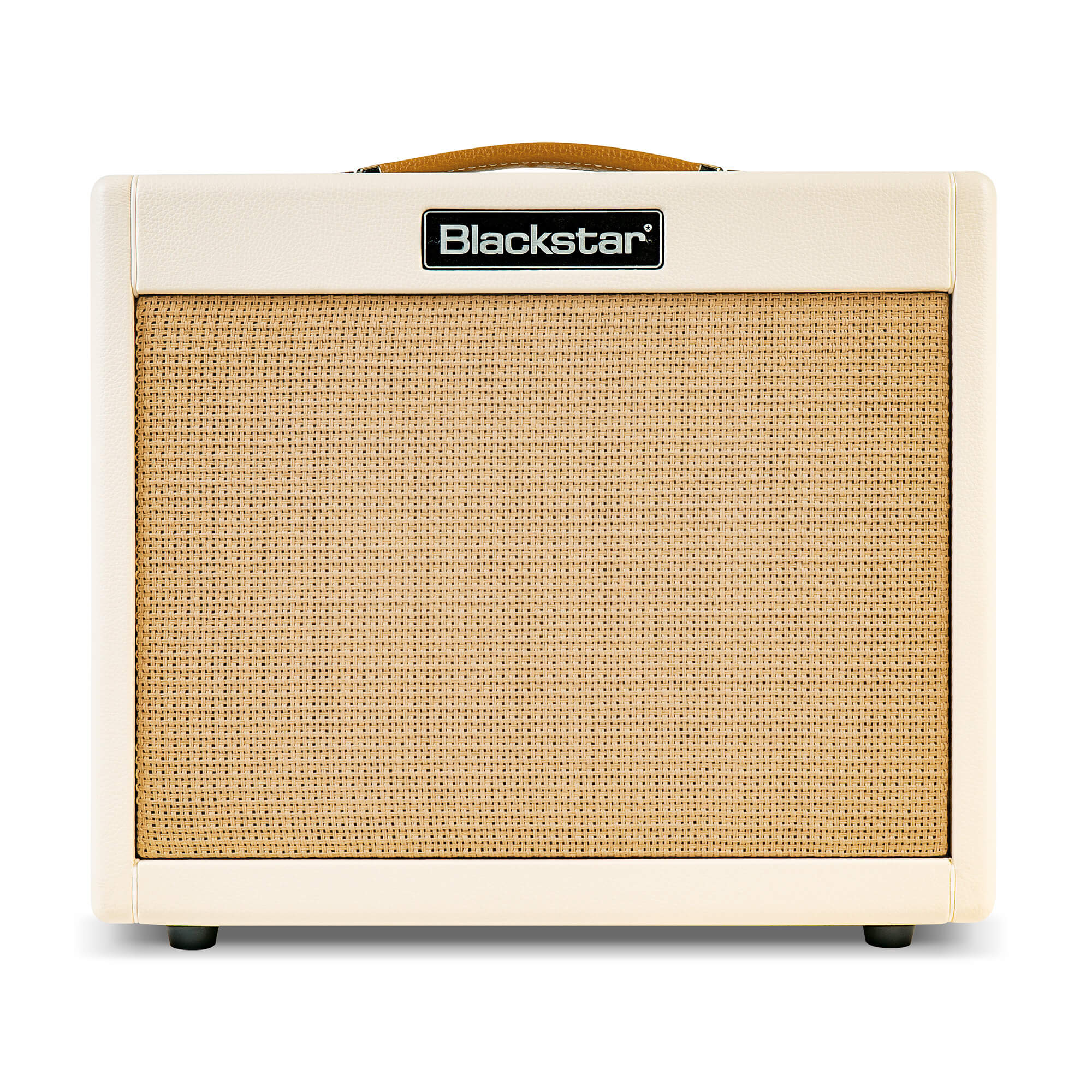Cream-colored Blackstar amplifier with a woven tan speaker grille and a black logo plate on the front. Simple box shape with a top handle.