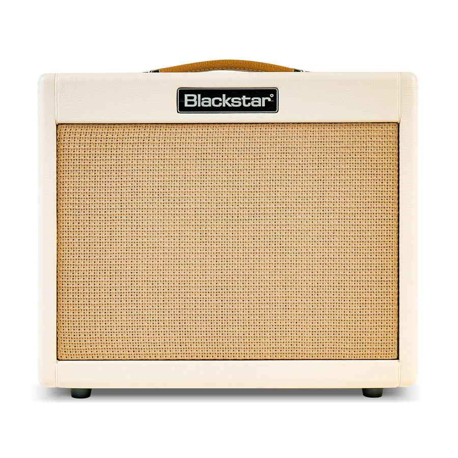 Cream-colored Blackstar amplifier with a woven tan speaker grille and a black logo plate on the front. Simple box shape with a top handle.