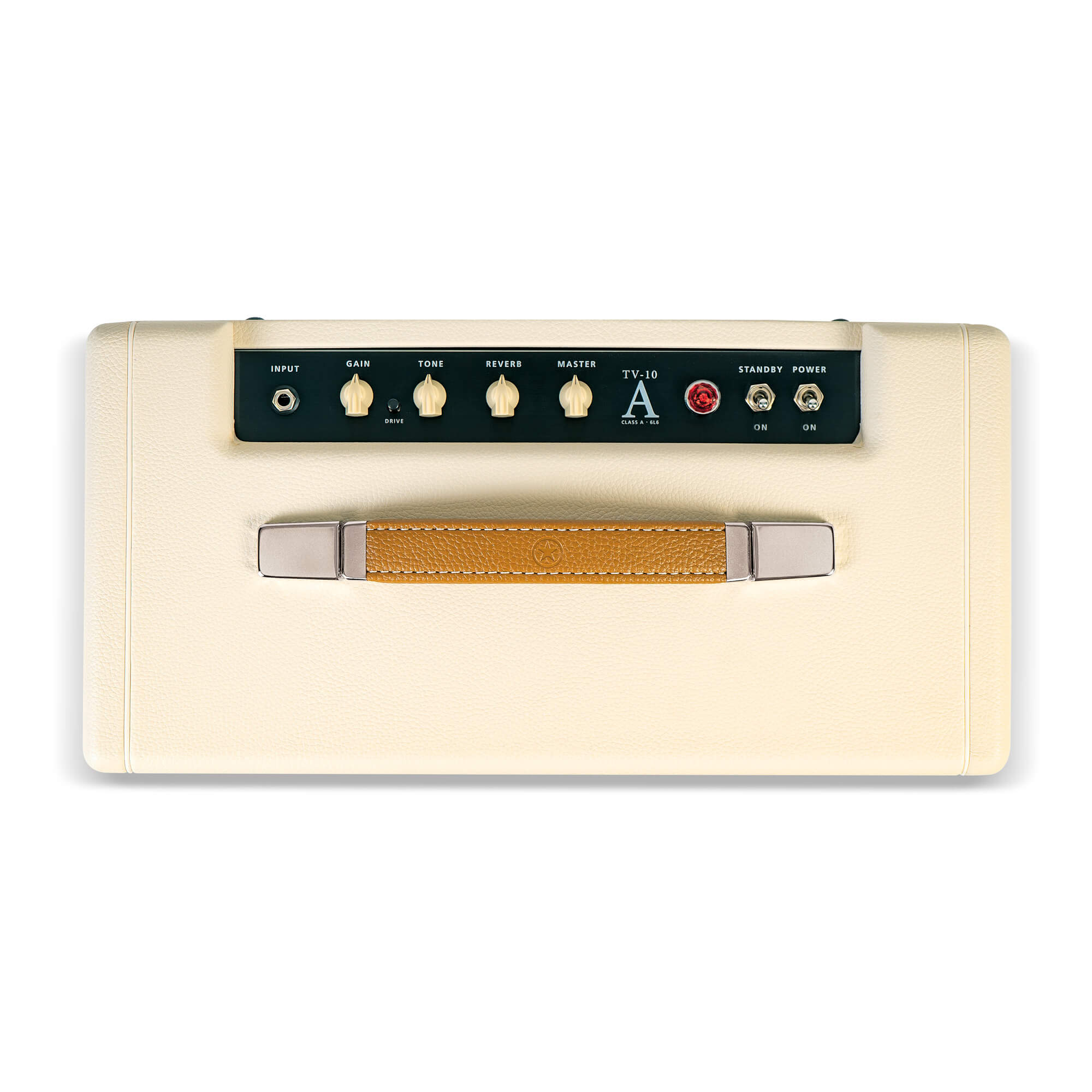 Cream-colored amplifier with a brown leather handle, four control knobs, toggle switches for standby and power, and a single input jack.