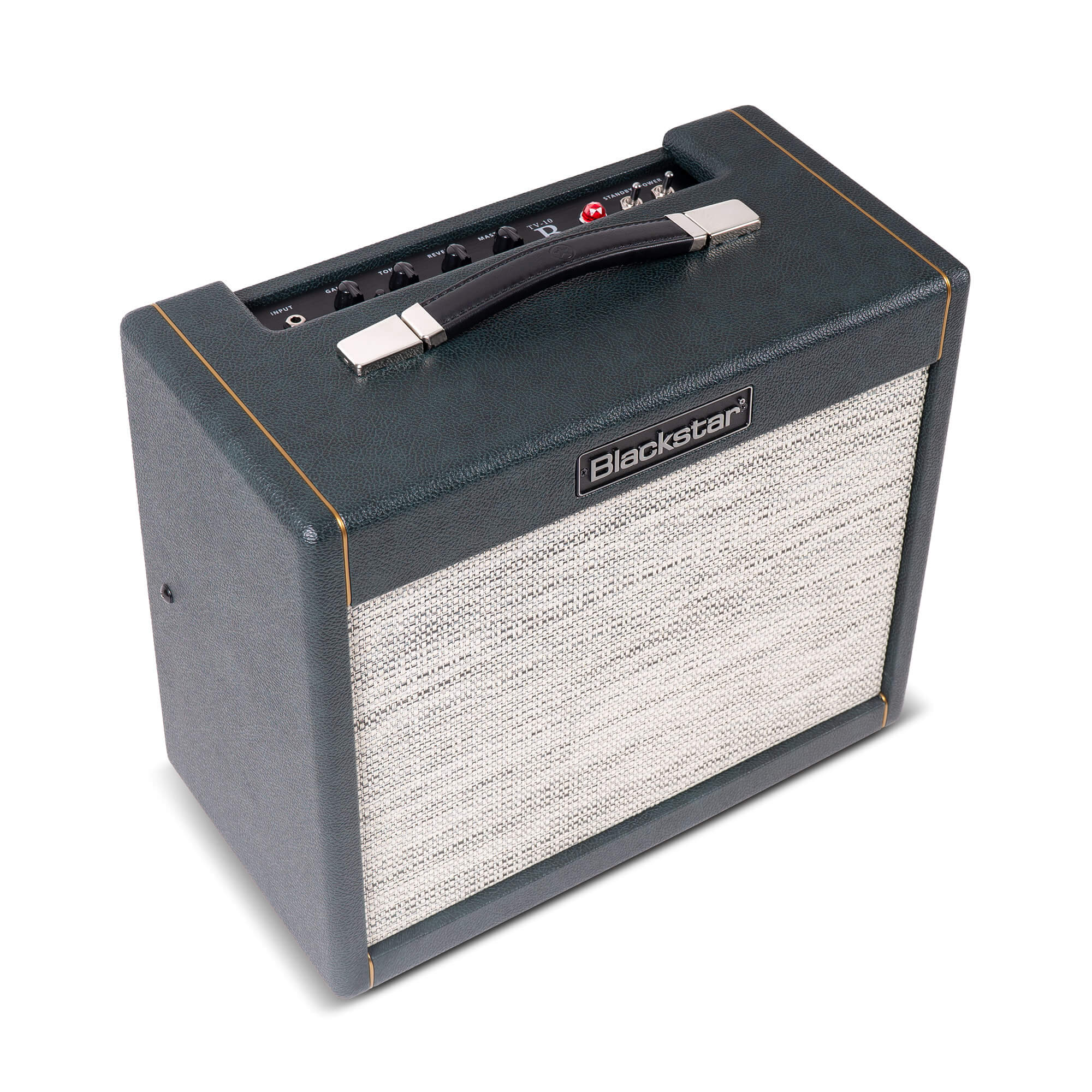 Blackstar amplifier with a textured dark casing, light woven speaker grille, metal logo plate, black handle, and control knobs on top.