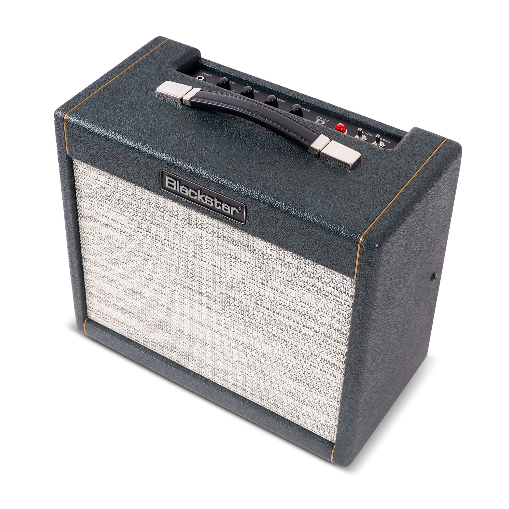 Blackstar amplifier with a textured black case, woven light gray front panel, black handle on top, and control knobs along the upper edge.
