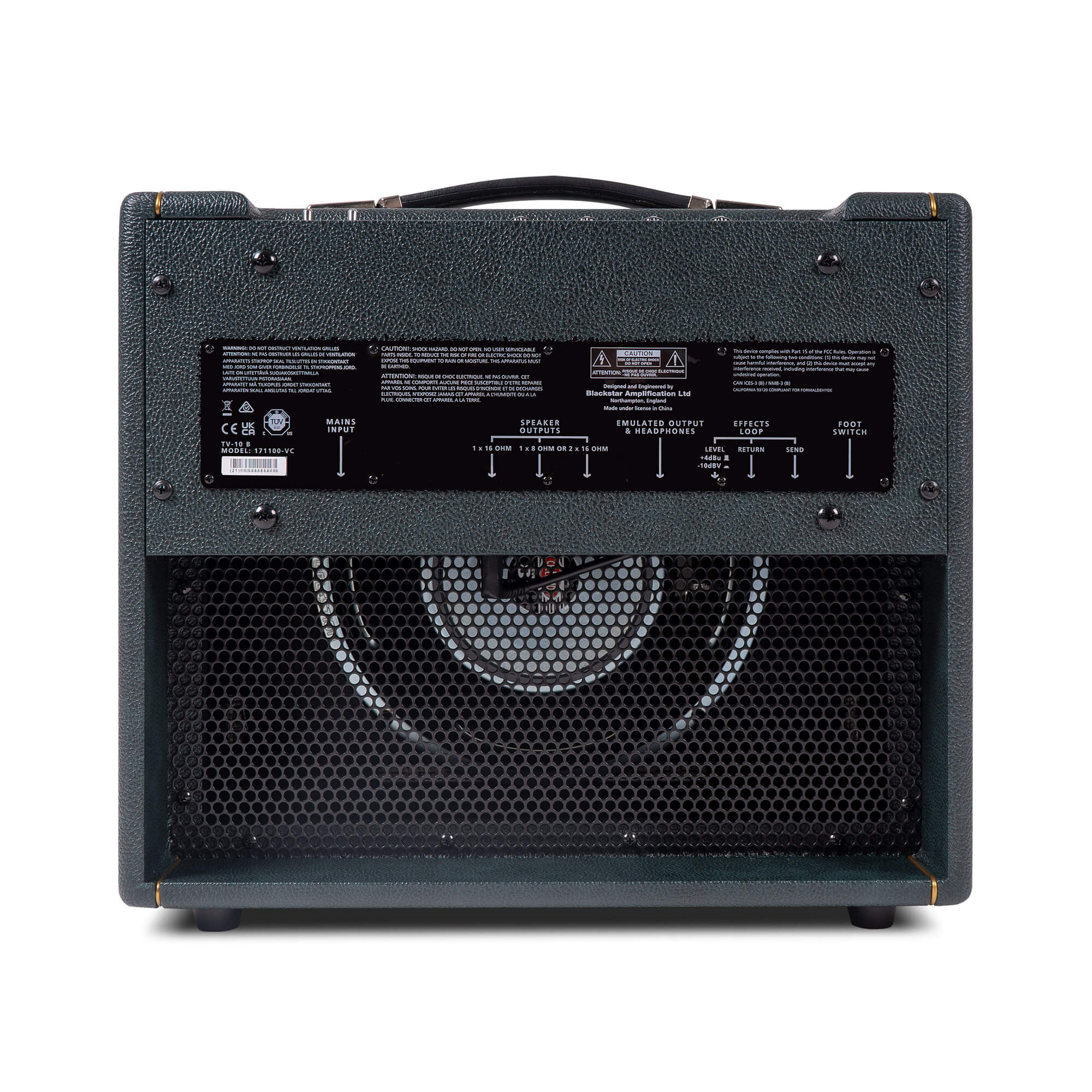 Rear view of a guitar amplifier showing input/output jacks, a visible speaker behind a metal grille, and a carry handle on top.