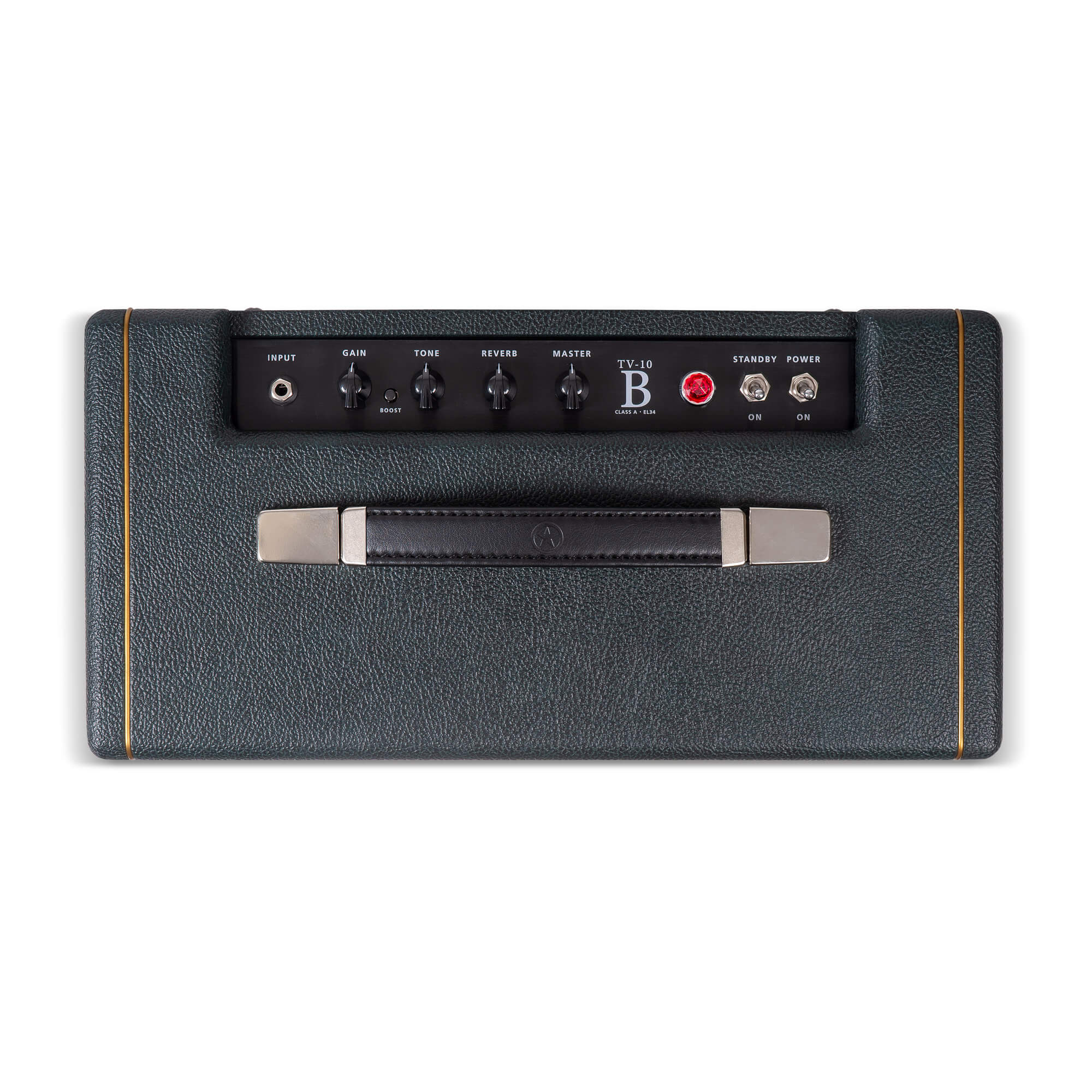 Guitar amplifier top panel with knobs for gain, tone, reverb, and master, input jack, power switches, red indicator light, and a leather carrying handle.