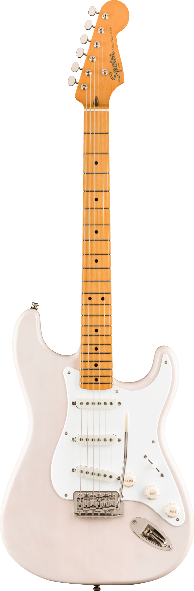 Light pink Squier Stratocaster electric guitar with a white pickguard, three pickups, maple neck, and six tuning pegs.