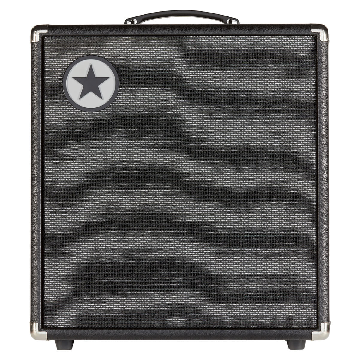 Black amplifier cabinet with a textured front grille, silver corner protectors, and a round badge featuring a black star in the upper left corner.