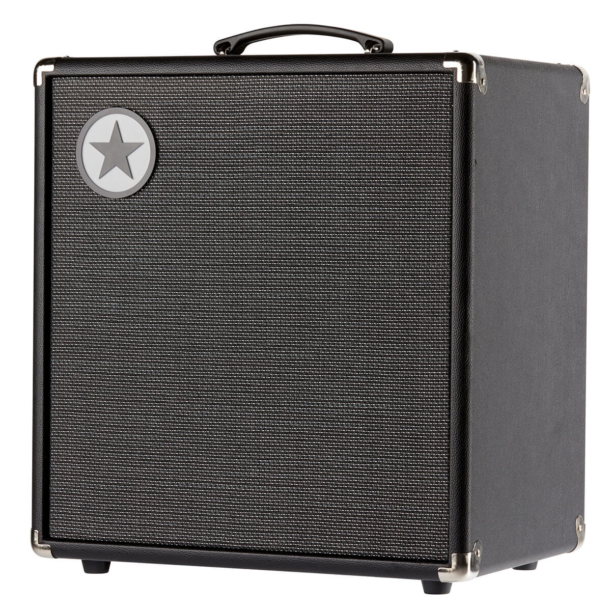 Black guitar amplifier cabinet with a textured front grille, silver star emblem in the top left corner, metal corner protectors, and a top handle.