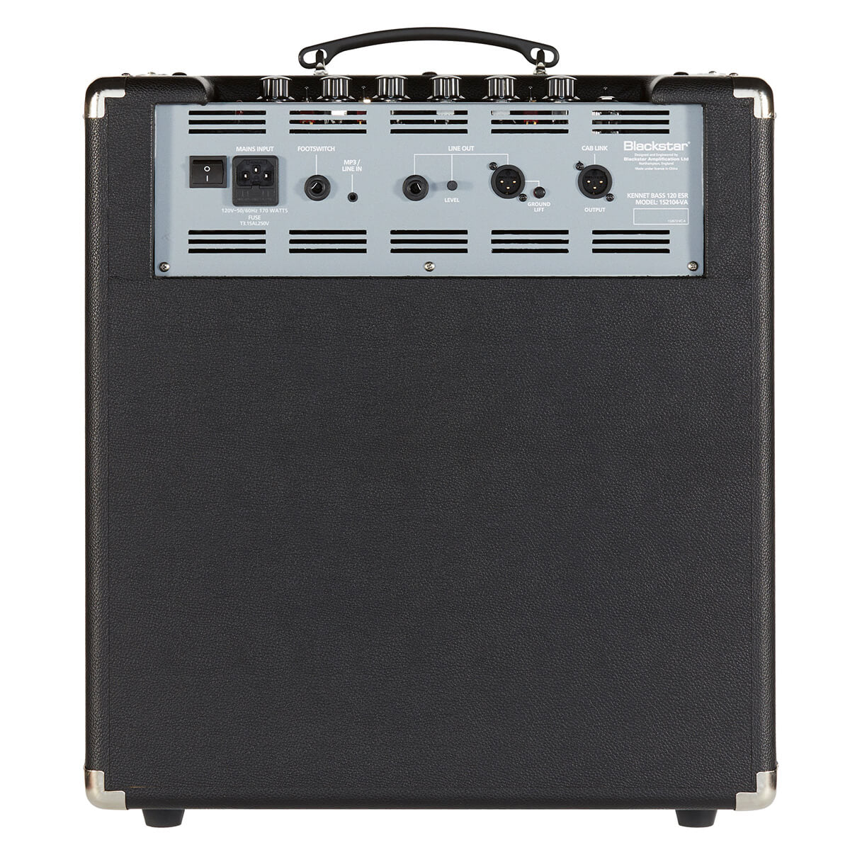 Blackstar bass amplifier rear panel showing power switch, mains input, footswitch, MP3/line in, line out, cab link, and output connections.