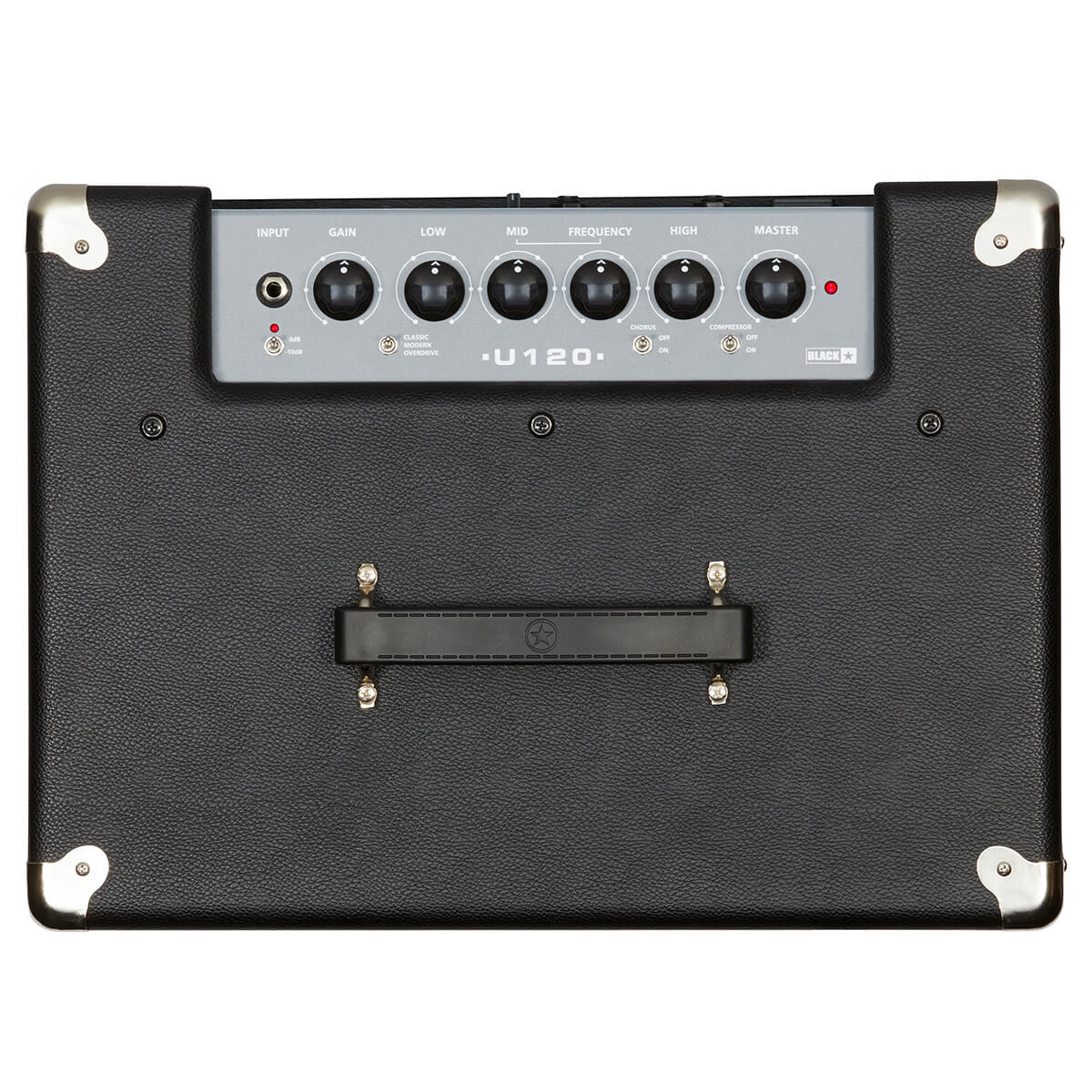 Black guitar amplifier with six control knobs labeled gain, low, mid, frequency, high, and master, plus input jack and metal corners.