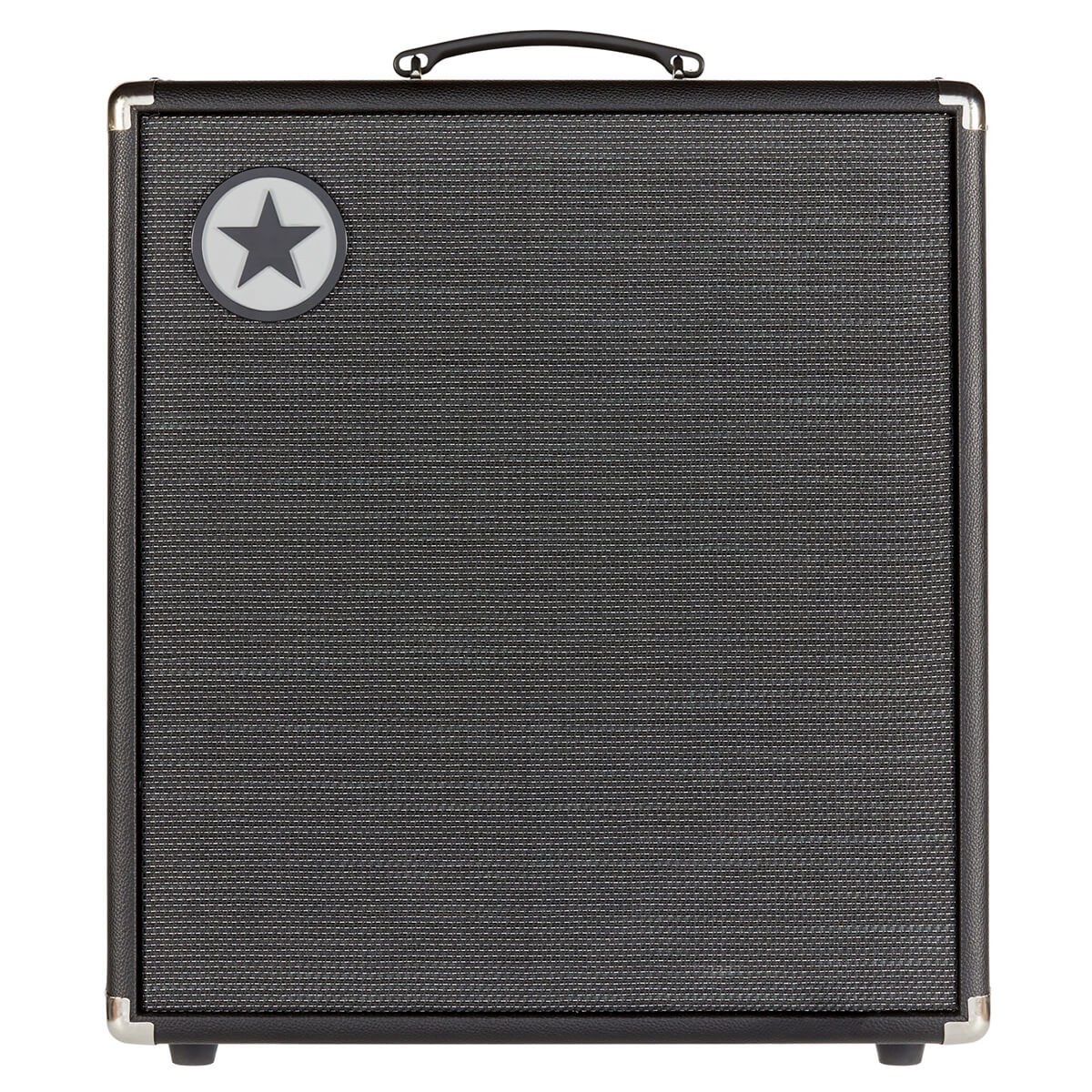Large black amplifier cabinet with a single handle on top and a circular badge featuring a star in the upper left corner.