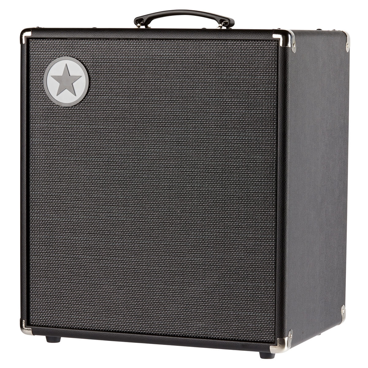 Black rectangular amplifier cabinet with a textured front grille, metal corner protectors, carrying handle on top, and a star emblem in the upper left corner.
