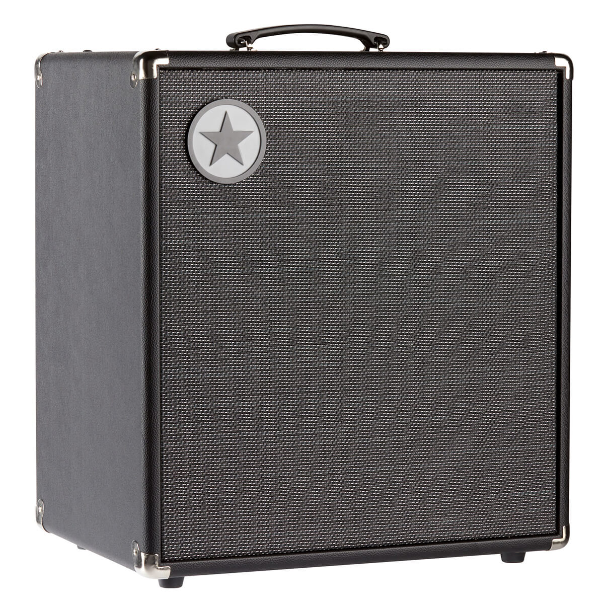 Black rectangular amplifier cabinet with a textured front grille, metal corner protectors, top handle, and a circular badge with a star on the upper left.