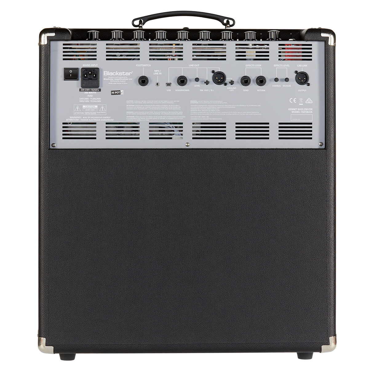 Back panel of a Blackstar amplifier with multiple input/output jacks, control knobs, switches, and a top carry handle.