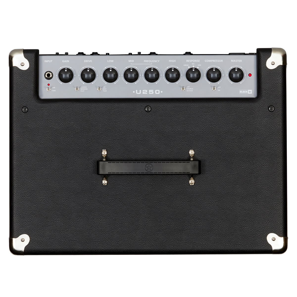 Blackstar U250 amplifier with eight control knobs on a silver panel and a black handle below, housed in a black rectangular case with metal corner protectors.