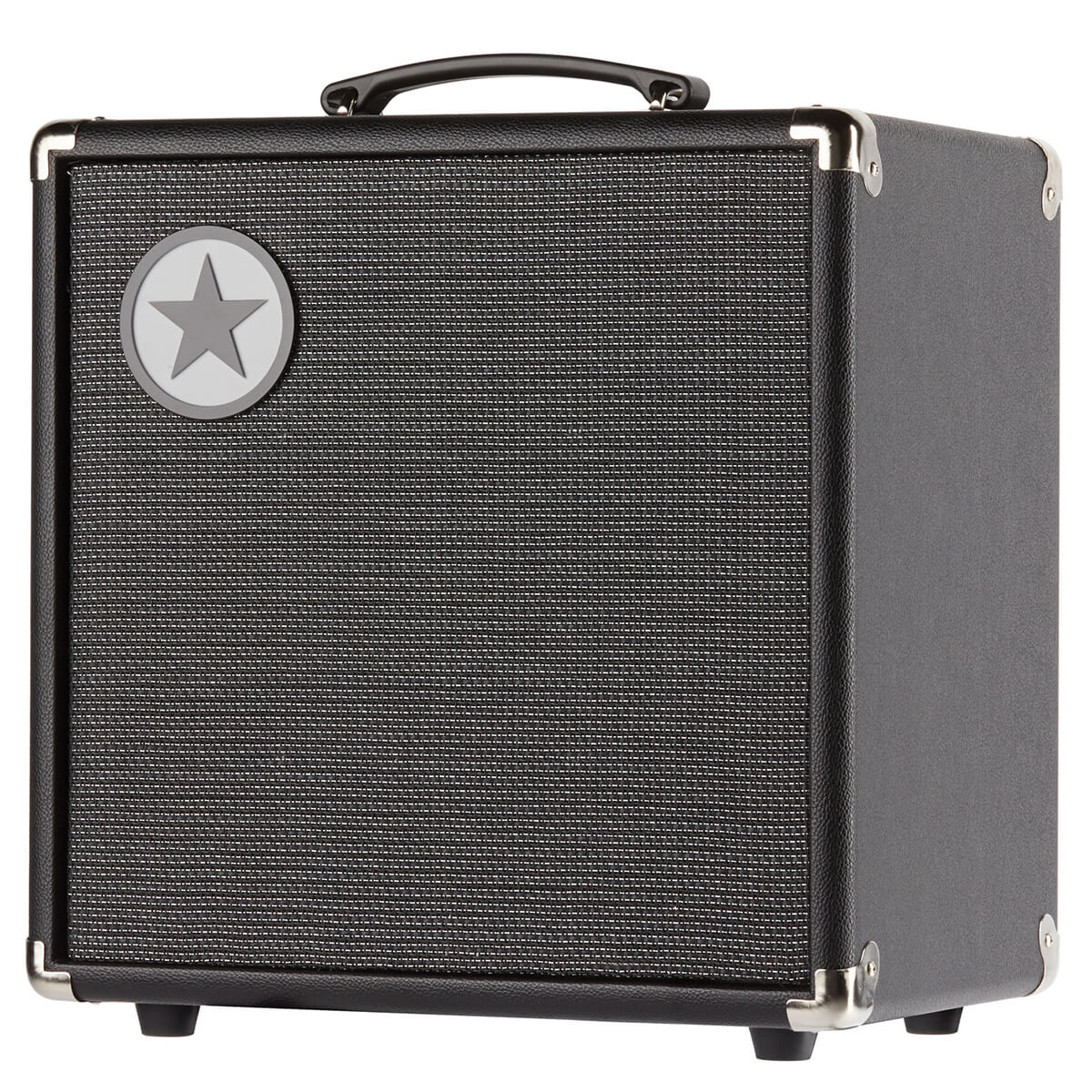Black guitar amplifier with textured front grille, metal corner protectors, carry handle on top, and a round badge with a star in the upper left corner.