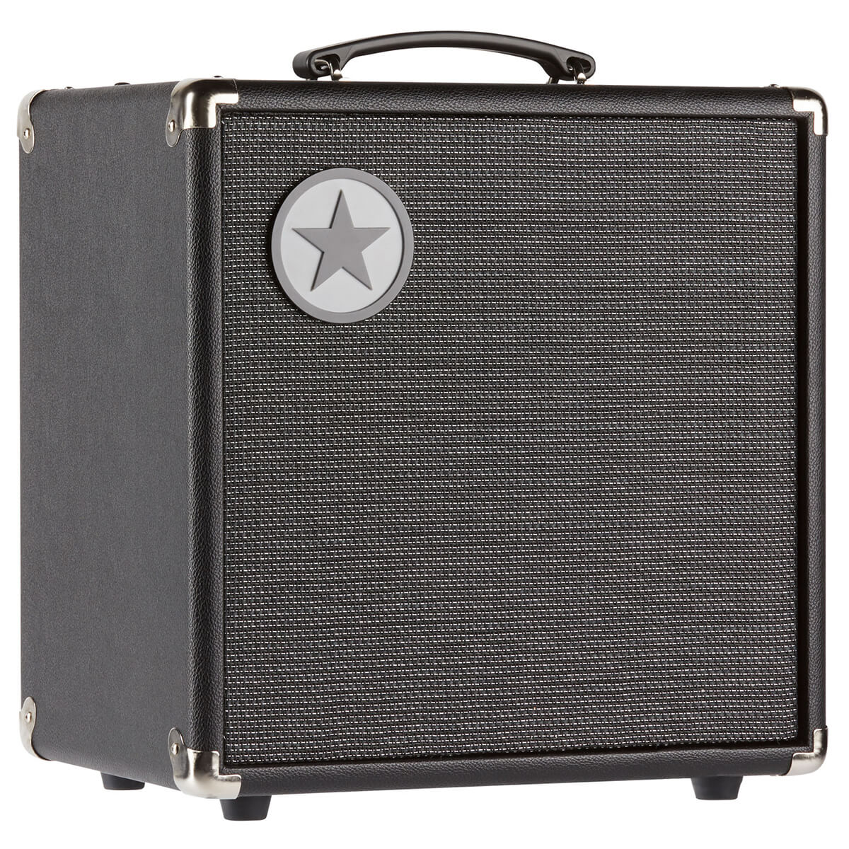 Black amplifier cabinet with a textured front grille, metal corner protectors, top handle, and a circular badge featuring a raised star on the upper left.