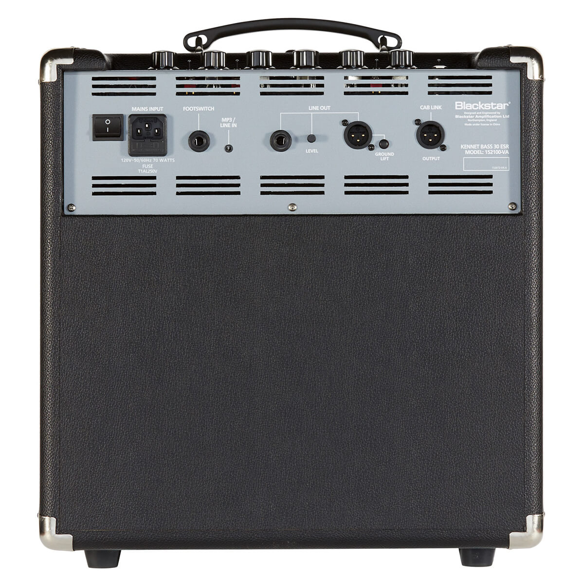 Blackstar amplifier rear panel with input/output jacks, power switch, vent slots, handle on top, and black textured case with silver corners.