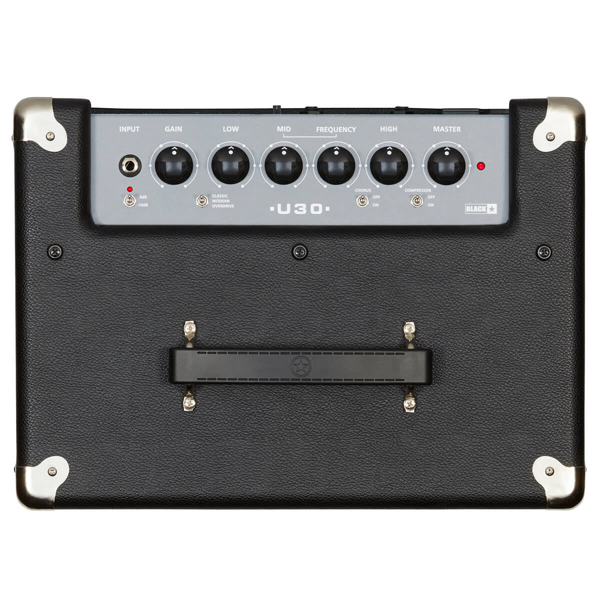 Black and silver amplifier with five control knobs, input jack, switches for gain, EQ, chorus, and compression, and a carrying handle on top.