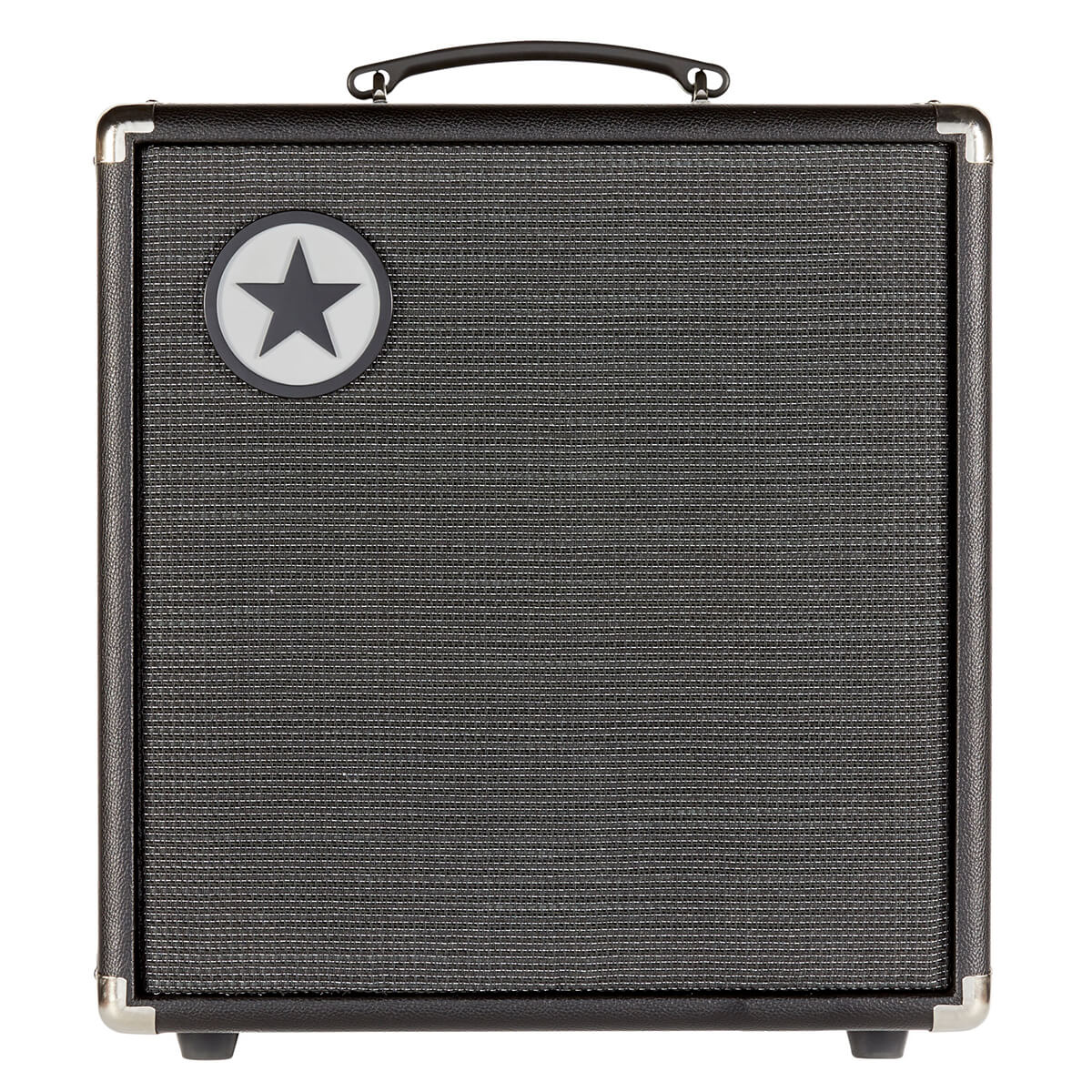 Black amplifier cabinet with a textured grille, metal corner protectors, a carry handle on top, and a circular badge featuring a star in the upper left.