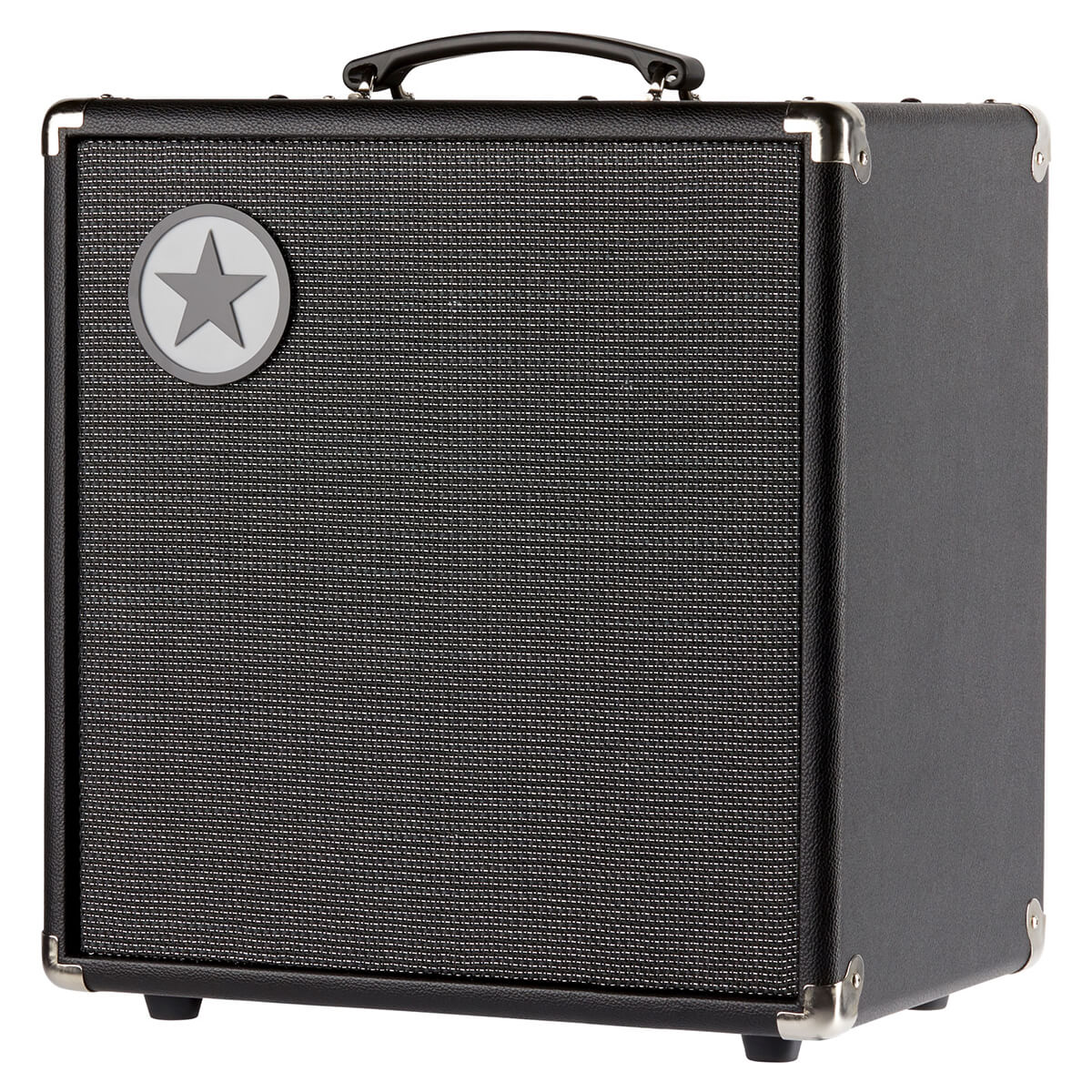 Black guitar amplifier cabinet with a textured front grille, metal corner protectors, top handle, and a round badge featuring a star on the upper left.