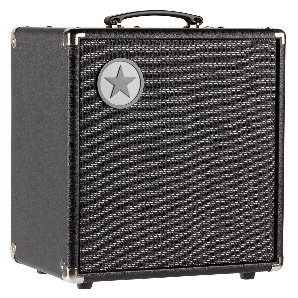 Black guitar amplifier with a textured front grille, rounded metal corner protectors, top handle, and a circular star logo at the upper left.
