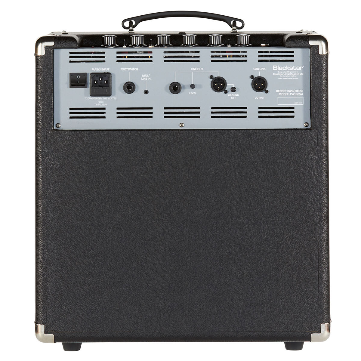 Blackstar bass amplifier rear panel with power switch, input jacks, level knob, line out, cab link, footswitch input, and metal protective corners.