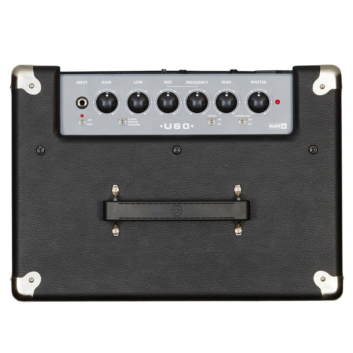 Black amplifier with six control knobs labeled gain, low, mid, frequency, high, and master, plus input jack and toggle switches.