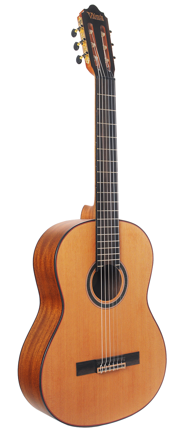 Wooden classical guitar with six nylon strings, a rounded body, dark fingerboard, and a slotted headstock with gold tuning pegs.