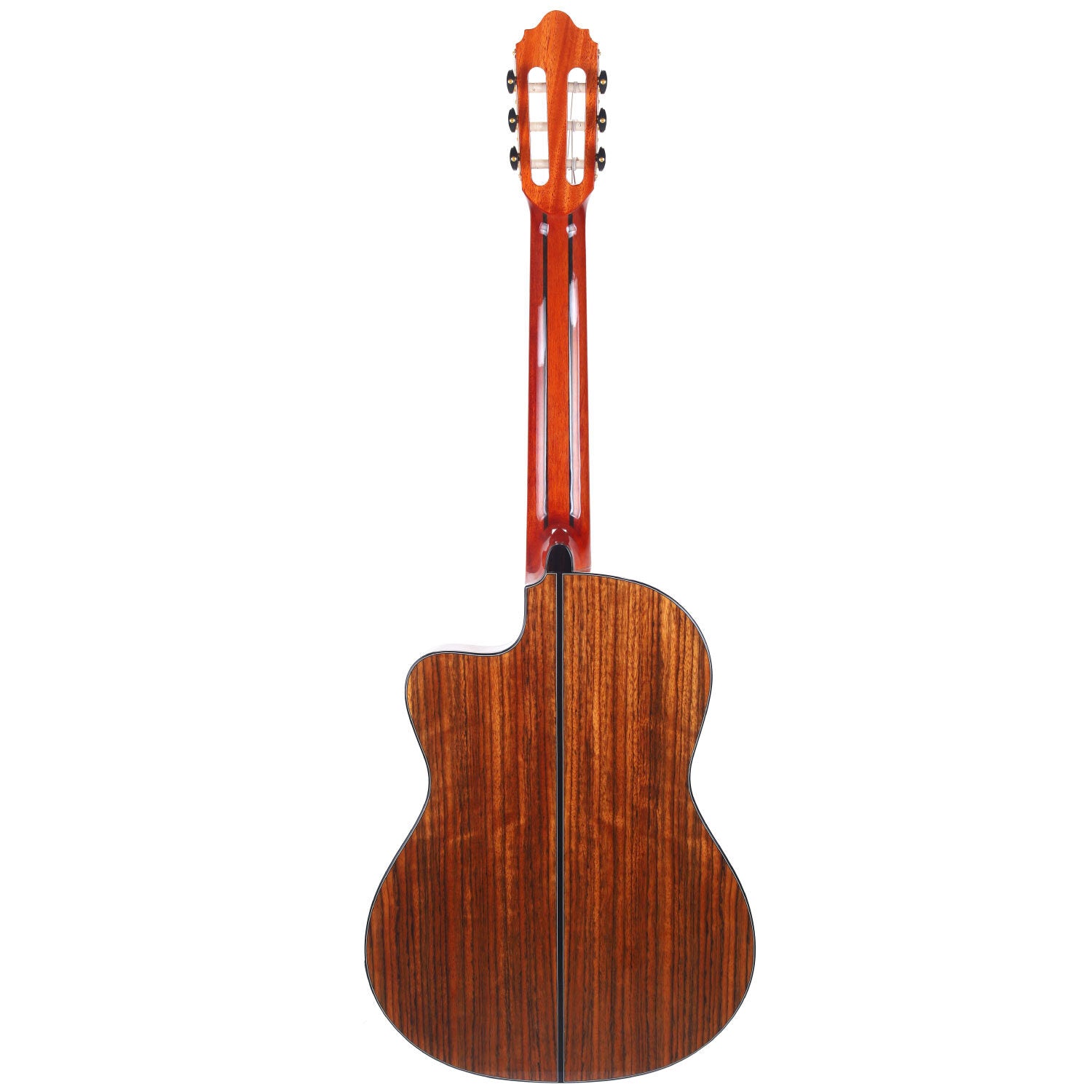 Back view of a classical guitar with a glossy, dark wood finish and a single black stripe running vertically down the center.