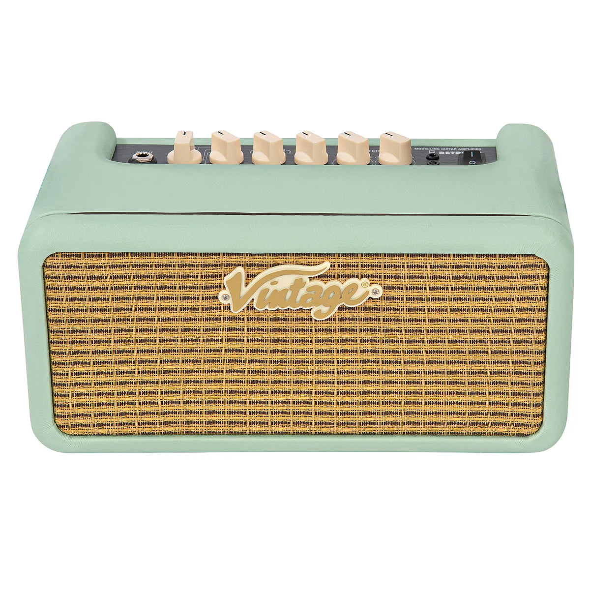 Mint green amplifier with a woven tan front grille, gold "Vintage" logo, and five cream control knobs on top.