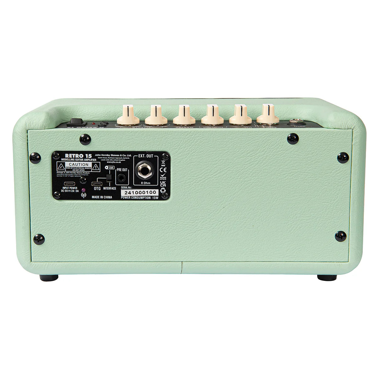 Light green amplifier with six cream knobs on top, rear panel shows input/output labels, caution sticker, and an external speaker port.
