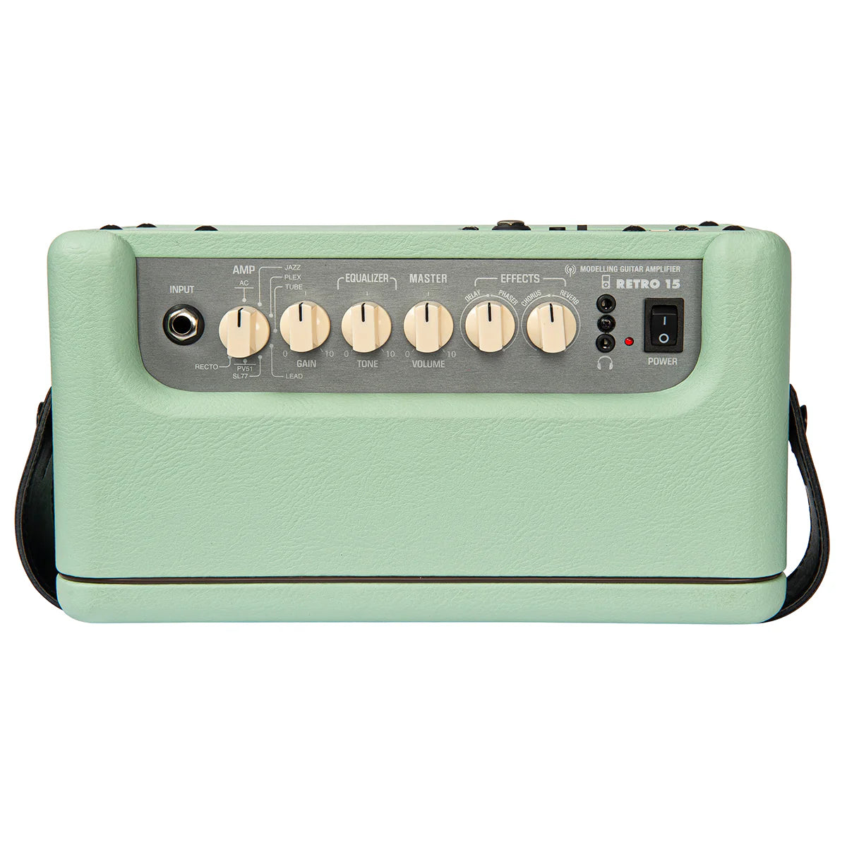 Mint green modeling guitar amplifier with six cream knobs, black input jack, power switch, effects controls, and labeled Retro 15 on the panel.