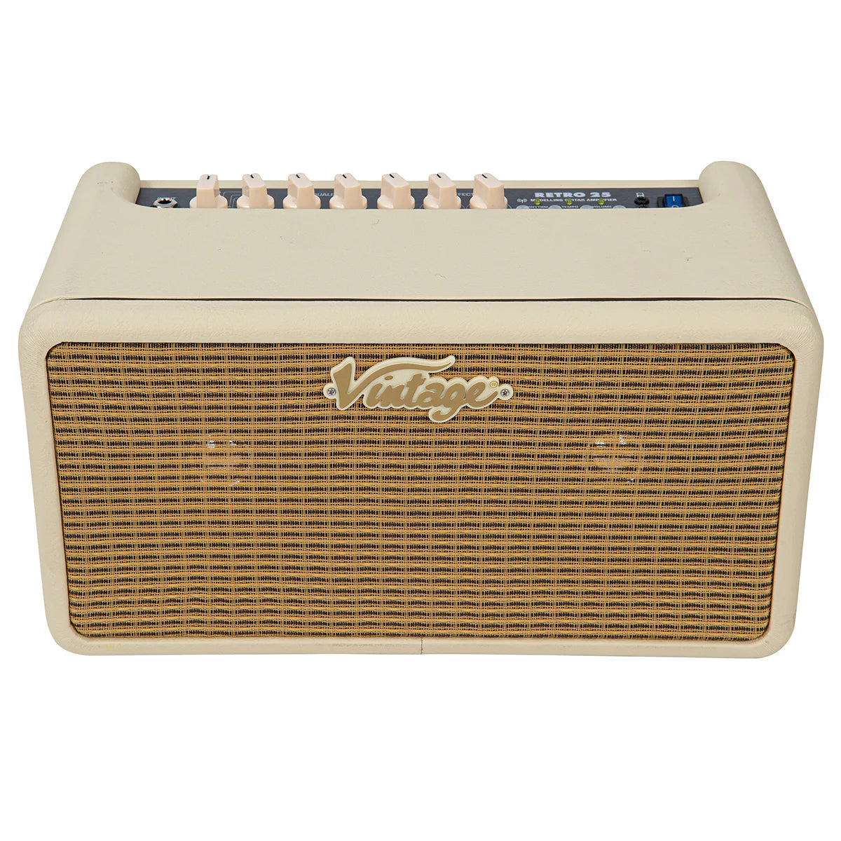 Cream-colored amplifier with a woven front grille and "Vintage" logo, featuring cream control knobs on the top panel.