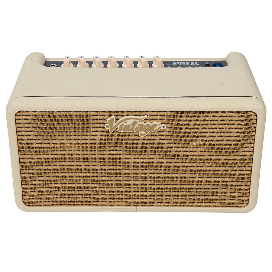 Cream-colored amplifier with a woven front grille and "Vintage" logo, featuring cream control knobs on the top panel.