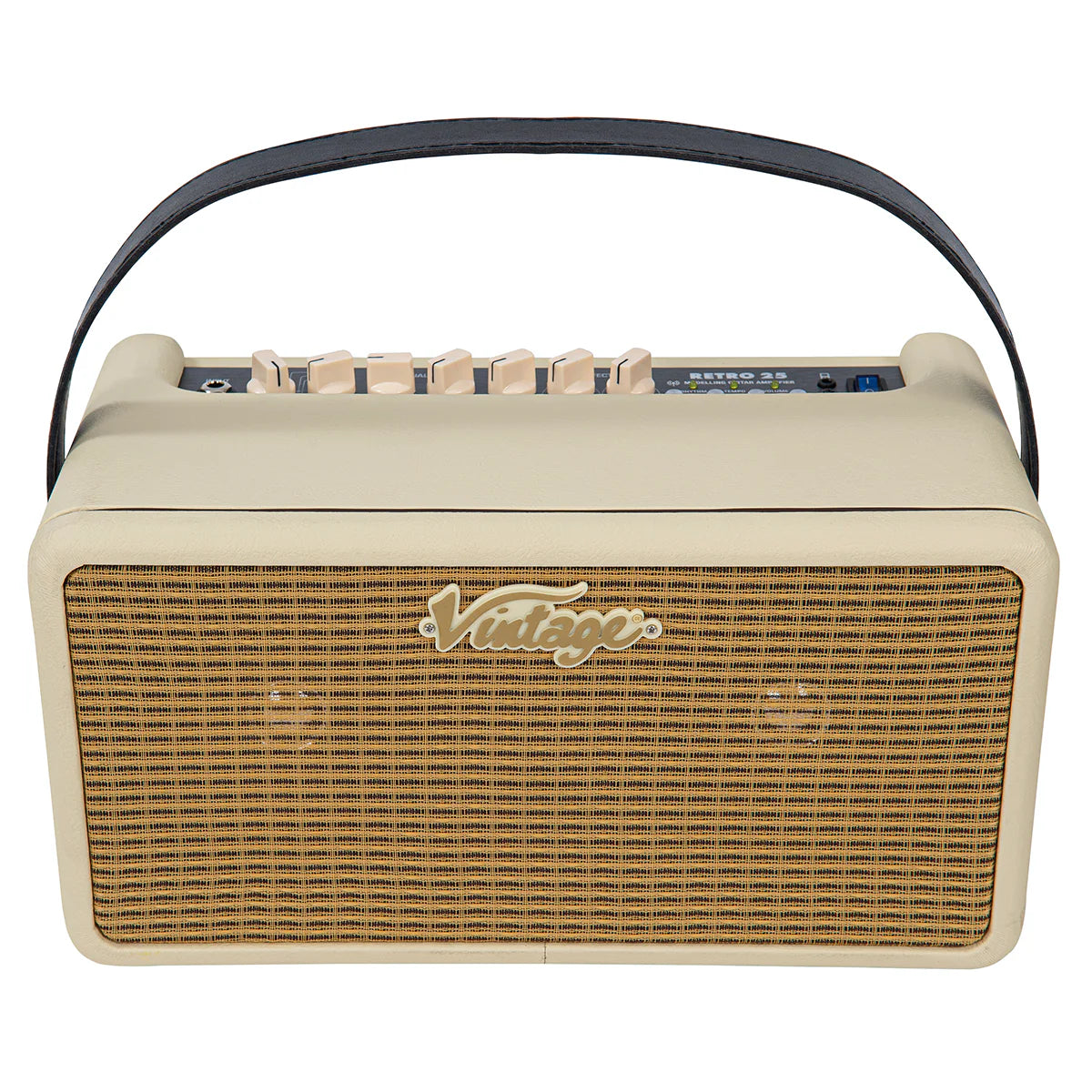 Beige amplifier with a woven front panel, labeled "Vintage" in gold script, six cream control knobs on top, and a black carrying strap.