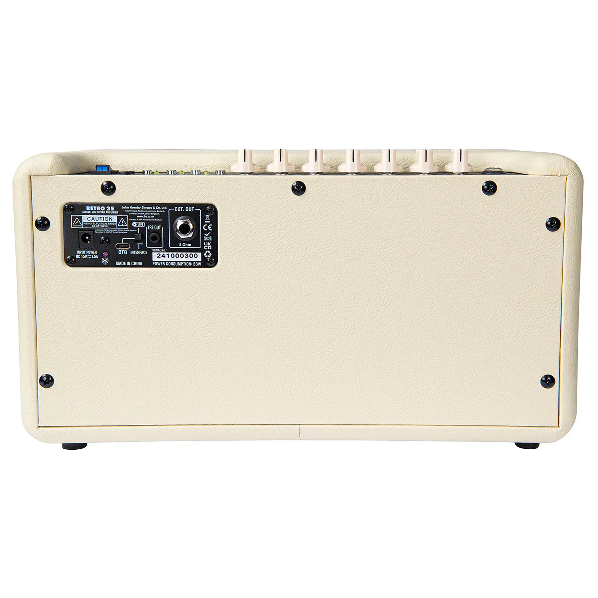 Rear view of a cream-colored amplifier showing connection ports, power switch, and control panel label on the left side.