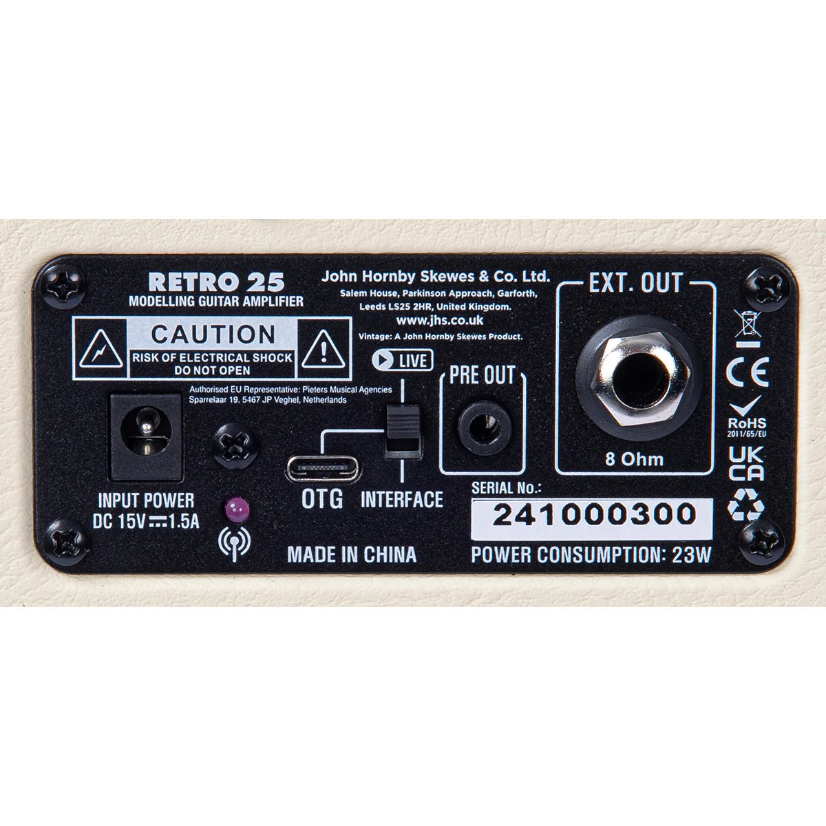 Back panel of a Retro 25 modelling guitar amplifier showing power, OTG interface, pre out, external speaker jack, safety warnings, and serial number 241000300.