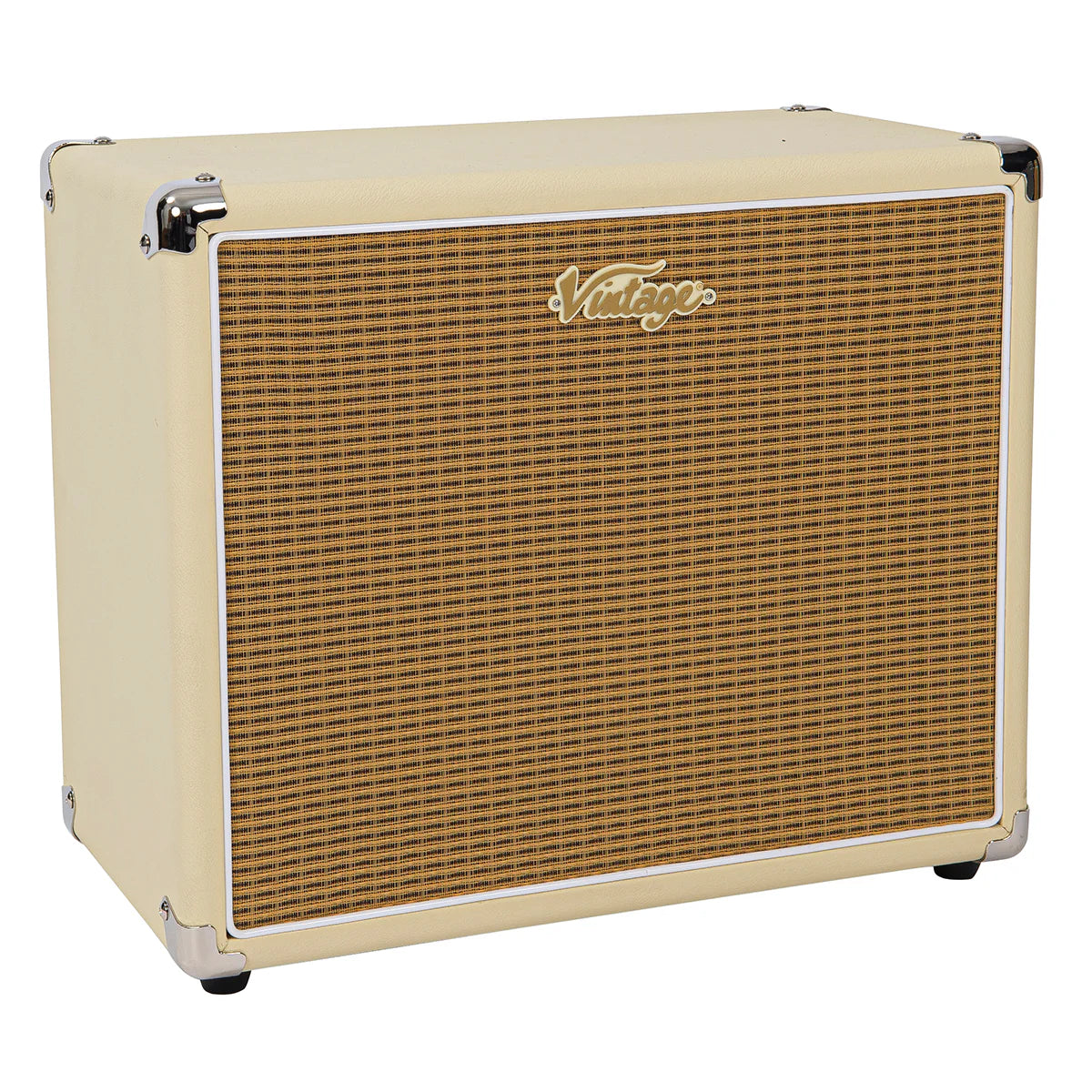 Cream-colored speaker cabinet with a brown woven grille, metal corner protectors, and a "Vintage" logo on the upper left front.