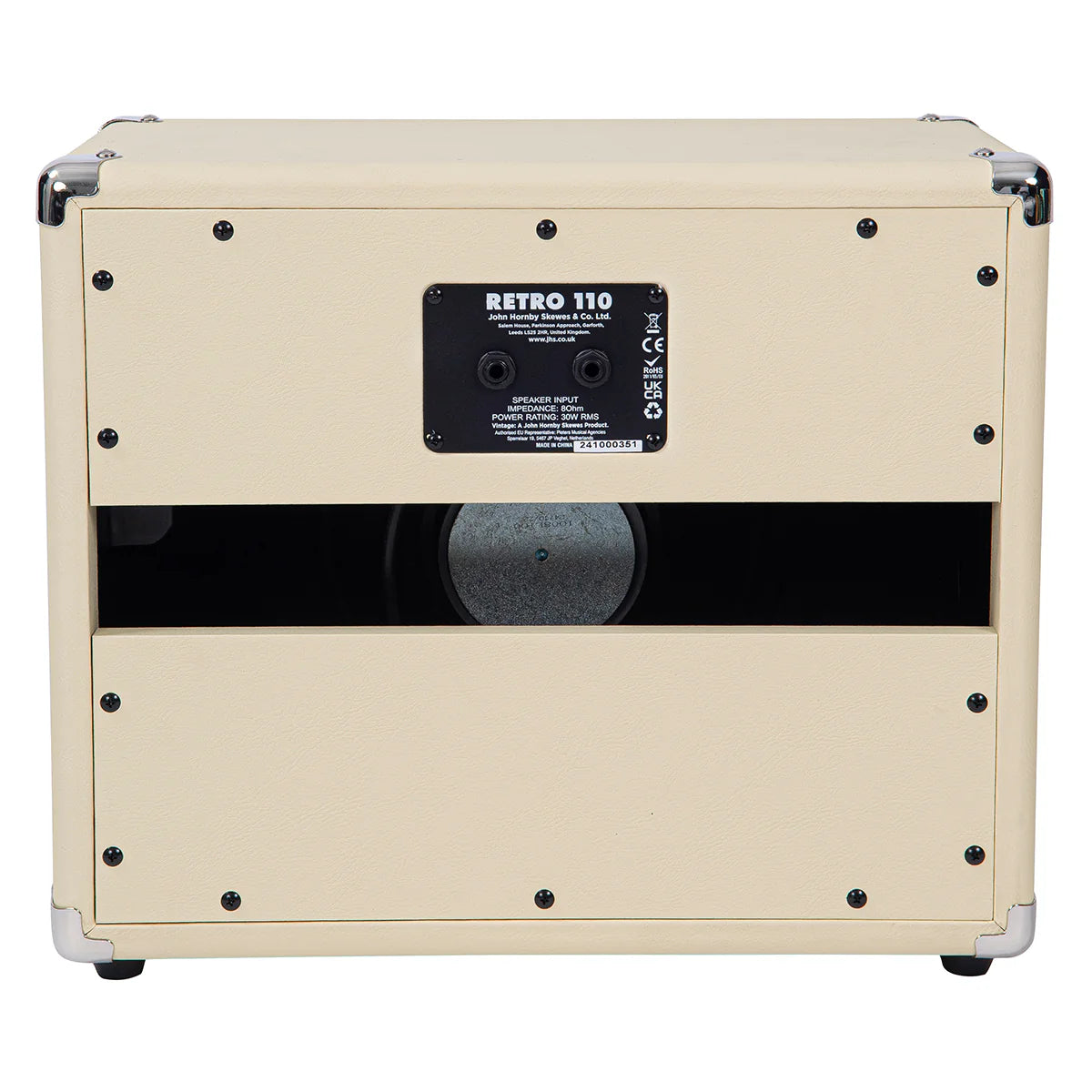 Beige Retro 110 speaker cabinet with metal corner protectors, rear input panel, and partial open back revealing the speaker inside.