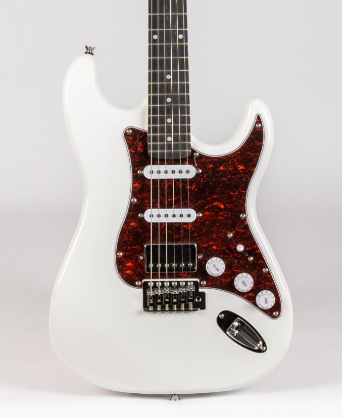 White electric guitar with a dark red tortoiseshell pickguard, three pickups, three control knobs, and a chrome input jack on the lower right.