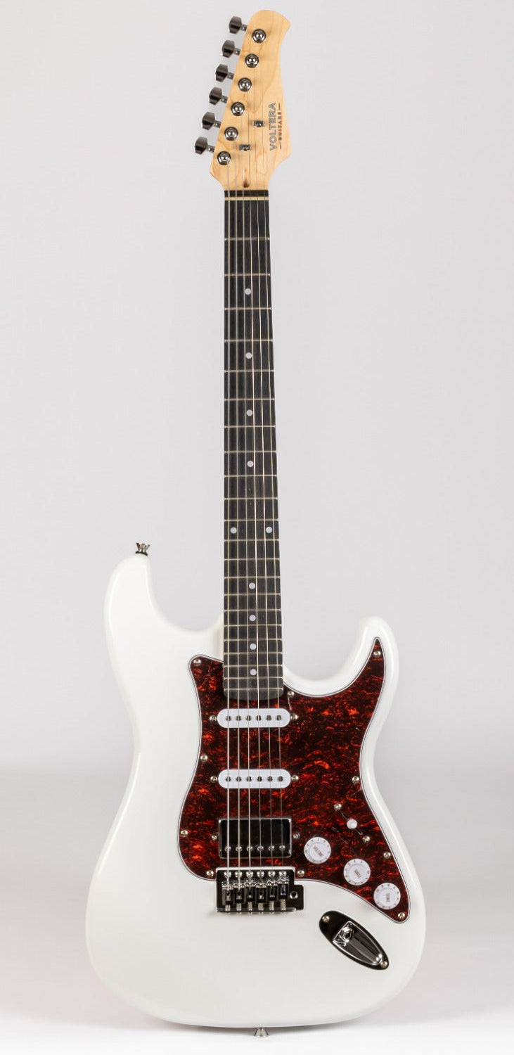 White electric guitar with a dark red patterned pickguard, three pickups, black fretboard, six tuning pegs, and control knobs.