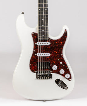 White electric guitar with a dark red tortoiseshell pickguard, three pickups, three control knobs, and a chrome input jack on the lower right.