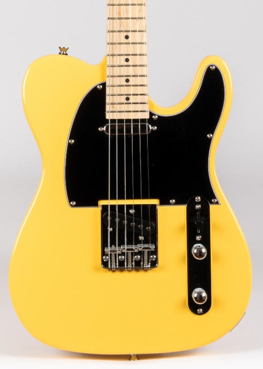 Yellow Jet electric guitar with a black pickguard, two control knobs, single cutaway body, and a maple fretboard.