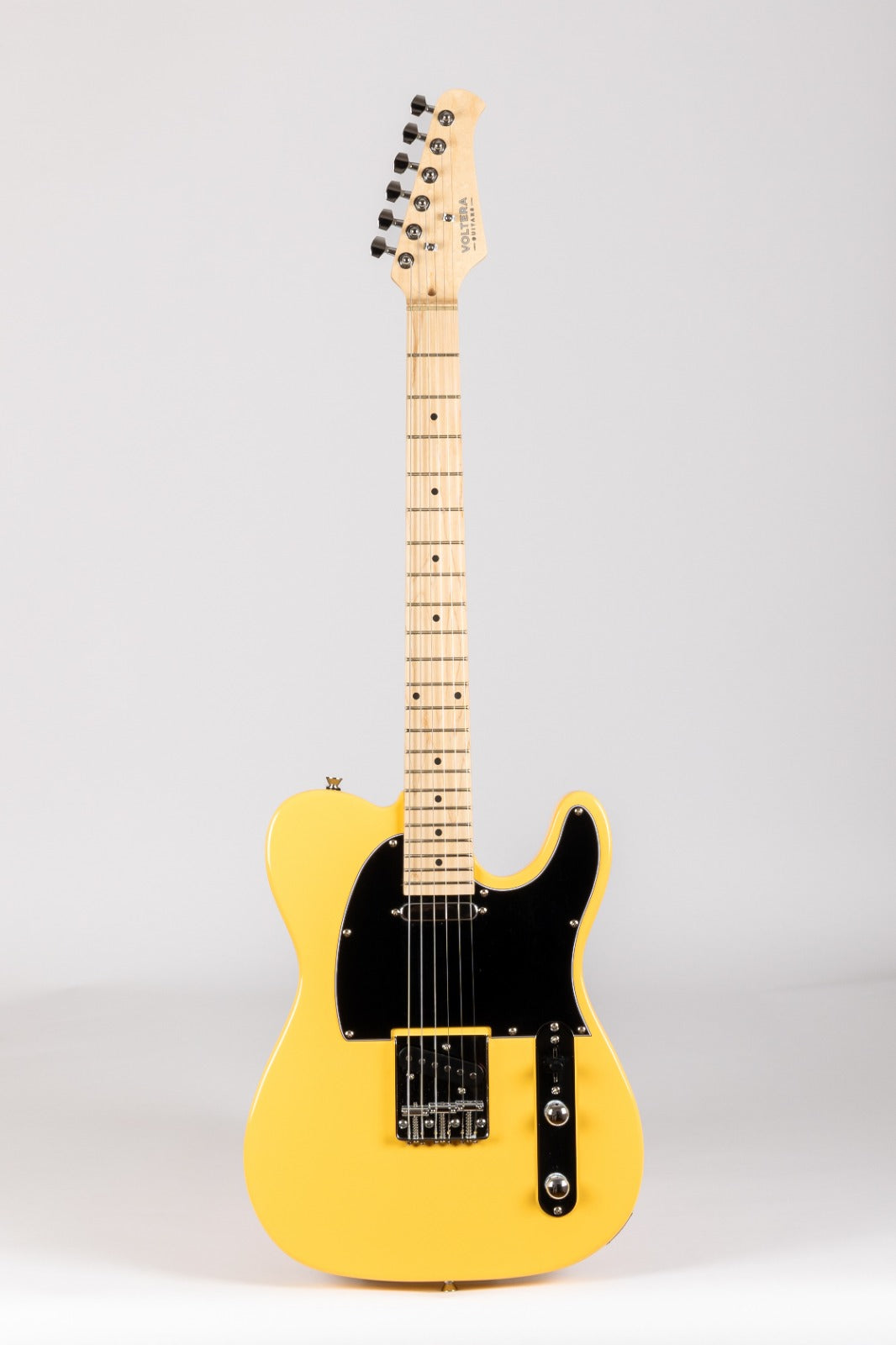 Yellow Jet electric guitar with black pickguard, maple neck, two single-coil pickups, and chrome hardware. Classic Telecaster shape.