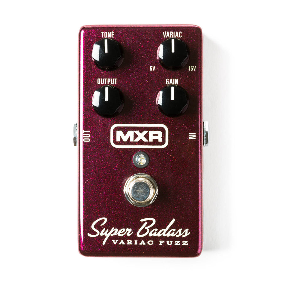 MXR Super Badass Variac Fuzz FX pedal in metallic red with four black knobs labeled Tone, Variac, Output, Gain and a silver footswitch.
