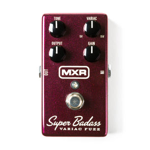 MXR Super Badass Variac Fuzz FX pedal in metallic red with four black knobs labeled Tone, Variac, Output, Gain and a silver footswitch.